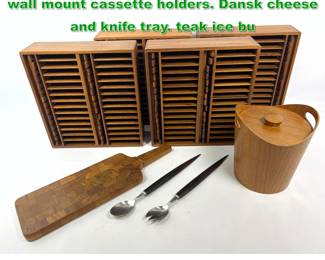 Lot 1594 Mid Century Modern Teak. Teak wall mount cassette holders. Dansk cheese and knife tray. teak ice bu