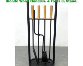 Lot 1300 Mid Century Iron Fire Tool Set with Blonde Wood Handles. 4 Tools in Stand. 