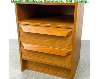 Lot 1148 Danish Modern Teak 2 drawer night stand. Made in Denmark. SM Stamp.