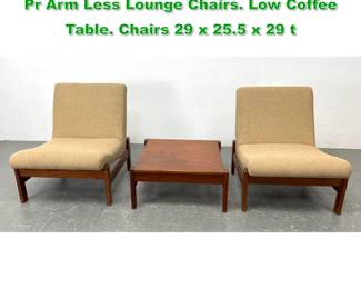 Lot 1410 3pc Danish Modern Teak Seating. Pr Arm Less Lounge Chairs. Low Coffee Table. Chairs 29 x 25.5 x 29 t