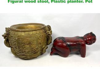 Lot 1601 Asian Inspired Decorative Items. Figural wood stool, Plastic planter. Pot 