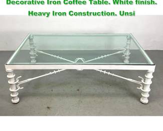 Lot 1372 Giacometti Style Glass Top Decorative Iron Coffee Table. White finish. Heavy Iron Construction. Unsi