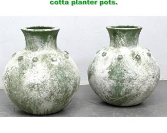 Lot 1507 Pair bumpy greenish glaze terra cotta planter pots. 