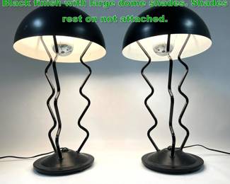 Lot 1550 2pc Memphis style squiggle lamps. Black finish with large dome shades. Shades rest on not attached. 