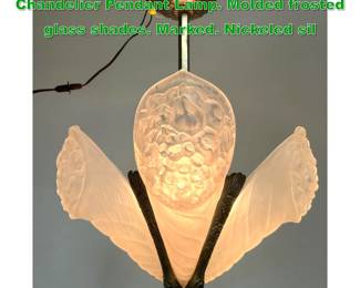 Lot 1439 Schneider French Art Deco Chandelier Pendant Lamp. Molded frosted glass shades. Marked. Nickeled sil