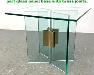 Lot 1146 Green Glass Side End Table Four part glass panel base with brass joints. 