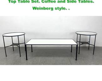 Lot 1364 3pc Black Metal Bases White Glass Top Table Set. Coffee and Side Tables. Weinberg style. . 