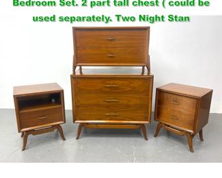 Lot 1362 3pc American Modern Walnut Bedroom Set. 2 part tall chest could be used separately. Two Night Stan