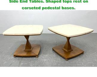 Lot 1267 Pr Travertine Marble Modernist Side End Tables. Shaped tops rest on corseted pedestal bases. 