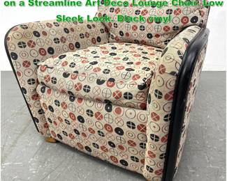 Lot 1381 Vintage Ray Eames Circles Fabric on a Streamline Art Deco Lounge Chair. Low Sleek Look. Black vinyl 
