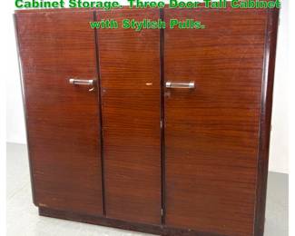 Lot 1539 French Art Deco Armoire Dresser Cabinet Storage. Three Door Tall Cabinet with Stylish Pulls.