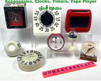 Lot 1572 Mid Century Modern Mod Plastic Accessories. Clocks. Timers. Tape Player and Radio