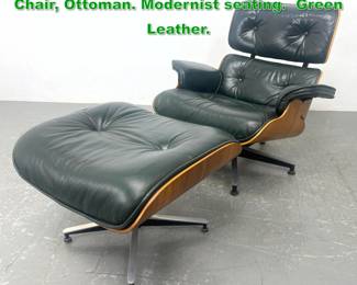 Lot 1186 2pc Charles Eames style Lounge Chair, Ottoman. Modernist seating. Green Leather.