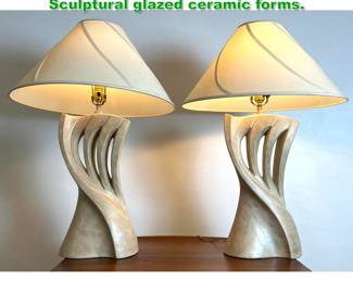 Lot 1271 Pair twisted form pottery lamps. Sculptural glazed ceramic forms. 
