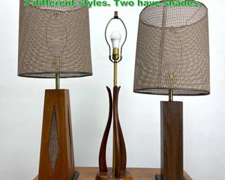 Lot 1376 3pc Modernist Wood Table Lamps. 3 different styles. Two have shades. 