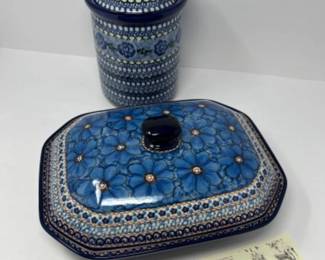 Polish Pottery UNIKAT Blue Covered Dish & Canister