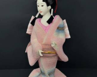 Japanese Porcelain Geisha Doll w/ Pink Beaded Kimono - 17"T