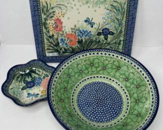 Polish Pottery Trio - UNIKAT Butterfly Cookie Sheet & 2 Bowls