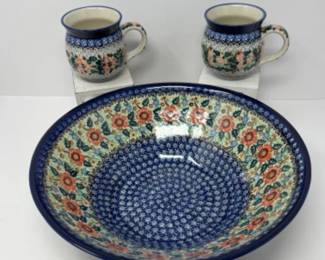 NIB Ceramika Artystyczna - Polish Pottery UNIKAT Blue Bowl & 2 Mugs