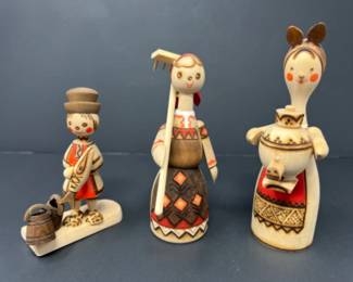 Vintage Wooden Pyrography Russian Folk Art Dolls