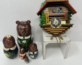 Golden Cockerel Alpine Bear Nesting Doll & German Cuckoo Clock