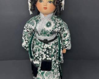 Japanese Geisha Style Doll w/Green Brocade Kimono