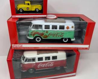 (3) NIB Coca Cola Volkswagen Diecast Metal Cars 1/42 & 1/18 Scale