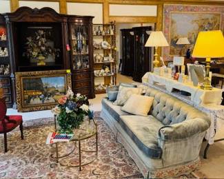 Button Herandon Velvet  Couch Beautiful Lamps, Furniture, Waterford, Fine Crystal, Spode, Lenox, Stiffel, European  and Asian Art  local Larry Dyke, and Thomas Kinade   