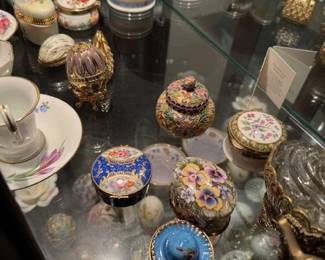 China Shelf full of Porcelain  and  Cloisonne  Boxes  Collectibles