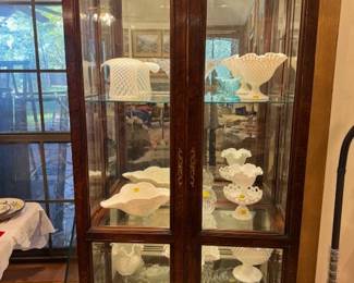 XL Wooden China Cabinet with overhead lighting Milk Glass and Crystal fills this Elegant piece of furniture