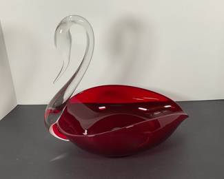 Duncan & Miller Cranberry & Clear Swan Centerpiece Bowl