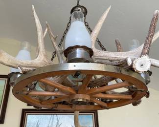 Rustic wagon wheel (real) not cast, Antler chandelier