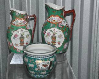 A Hand Painted Gold Imari Planter ($26) Is Shown In Front Of A Delicate Pair of Vintage Ceramic Glazed Pitchers with Intricate Design and Angular Handles 7" & 8" ($38, $48)