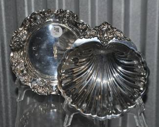 Vintage Towle Ornate Rim 7" Silver Plate Dish ($18) is Shown Beside A Wallace Lovely Silver Plate Scalloped Footed Dish with Ornate Handle, 7"D. ($20).