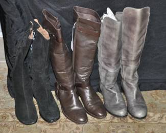 Three Great Pairs of Boots, all Size 9 Include Black Suede Boots With Black Laces by Sofft ($48), A Pair of Brown Leather Cole Haan Riding Boots, ($75) and a Pair of Grey Leather and Suede Cole Haan Boots ($65-SOLD)
