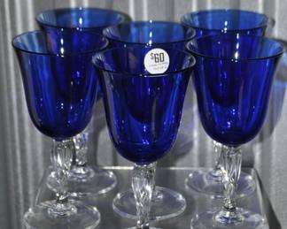 Set of 6 Luminarc Crystal Goblets, Cobalt with Clear Twisted Stems, $60