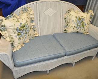 Terrific Vintage White Wicker Sofa with 2 Seat Cushions and 2 Decorative Pillows, 72”w x 39”h x 30”d, $295