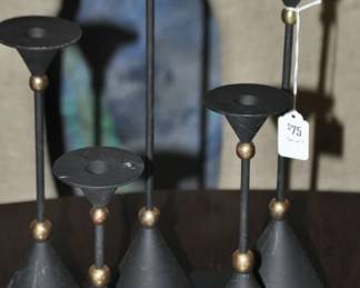 Great Set of 5 Post-Modern Black Metal with Brass Detail Candlesticks, 7”-13”H  ($75)