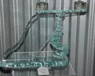 Amazing Piece by Israeli Glass Artist, Yehuda Parmat Stacked Art Glass Slab Candleholder 15" W x 10"H x 3.5" D, ($225).