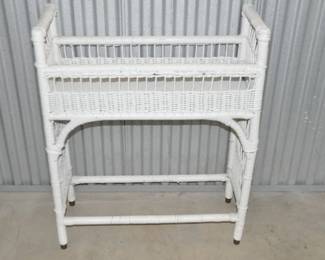 Vintage White Wicker Plant Stand, 28”w X 34.5”h x 12”d, $85