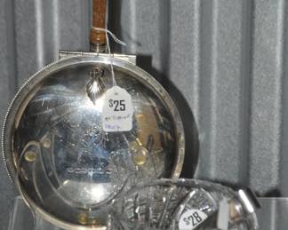 This Petite Vintage 3-Footed Cut Crystal Bowl (4"w, $28) is Shown with a Really Neat Vintage Sheffield Silver Co. Silent Butler Crumb Catcher Dust Pan With Lid, EPC 300 ($25).