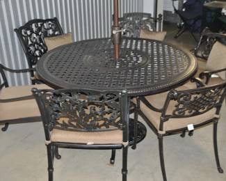 Gen Sun Cast Aluminum 54” Patio Table, “Paradise Grand Terrace” with 6 Chairs (3 Styles), 6 Sunbrella cushions and 3 Accent Pillows $795. 