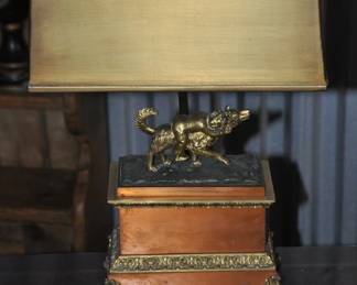 This Table Lamp is So Unique!  Antique French Gilt Bronze Lamp Including Antiqued Bronze Metal Lamp Shade and Gilt Bronze Inkwell Lid which Reveals Interior Inkwells! Featuring a Sweet Boy On Dog, 17"W x 18.5" H x 6.5", ($595).