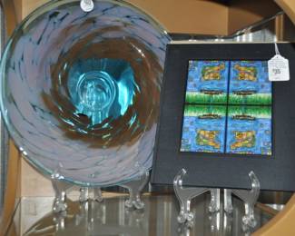 Beautiful Art Glass Fusion Centerpiece Bowl, D14.5” ($60) and Book with Dust Cover, “Island of Lost Desire”, German and English by Knaus ($35) SOLD