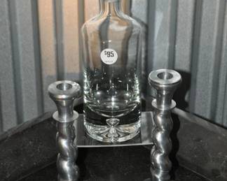Sleek, Heavy Glass 12” Decanter ($95) Shown with a Pair of Pewter Twist 8.5” Candlesticks ($24)