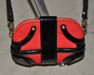 Rare Authentic Vintage Alexander McQueen Black Patent Leather with Red Fabric Skull Charm, "Novak" Made in Italy, $300