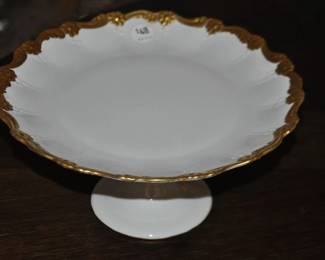 Lovely Vintage Footed Cake Plate, Signed.  White with Gold Fluted Border, H6” x D12” ($48)