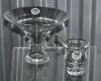 Love Steuben?  If So Please Be Sure to Look at These Steuben Pieces!  In the Back we Feature a Vintage Georg Thompson For Steuben Signed Vase or Compote Dish (5.25" H, c. 1959) and In Front The Precious Steuben Toothpick Holder or Cigarette Urn by Don Pollard at a Petite 3.25"h With Silver Plate Tongs.  Vase is $90 & Toothpick Holder is $40.