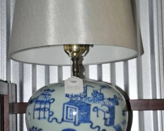 Blue & White Antique Hand-Painted Asian Lamp on Wood Base with Lamp Shade ($195)