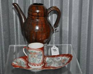 You'll Need This 6" Tall Brown Glazed Teapot (Without Lid, $25) to Fill your Japanese Teacup  that Sits Upon an Oval Dish Large Enough for your Favorite Biscuit ($24).